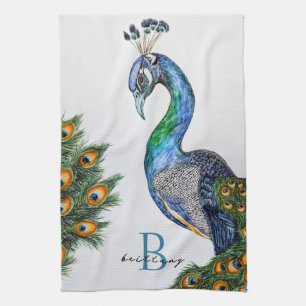 Elegantes Wasserfarbenpfauenmonogramm Geschirrtuch