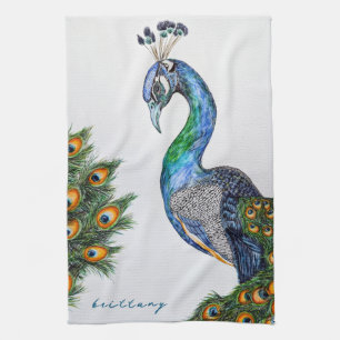 Elegantes Wasserfarbenpfauenmonogramm Geschirrtuch