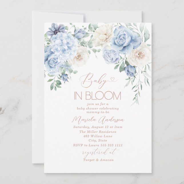 Elegantes Watercolor Baby in Blooom Blue Blumen B Einladung (Vorderseite)