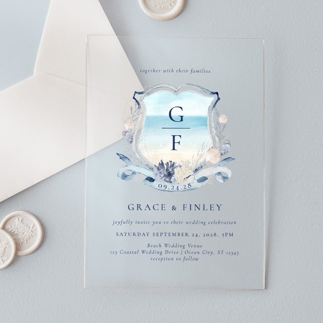 Elegantes Watercolor Beach Monogram Wappen Wedding Acryleinladungen (Von Creator hochgeladen)