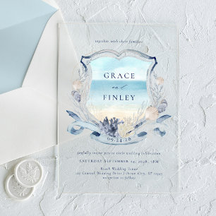 Elegantes Watercolor Beach Wedding Wappen Acryleinladungen