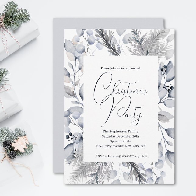 Elegantes Watercolor Blau Botanisches Weihnachtsfe Einladung (Von Creator hochgeladen)