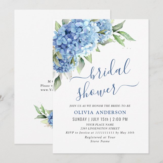 Elegantes Watercolor Blue Hydrangea BRAUTPARTY Einladung (Vorne/Hinten)