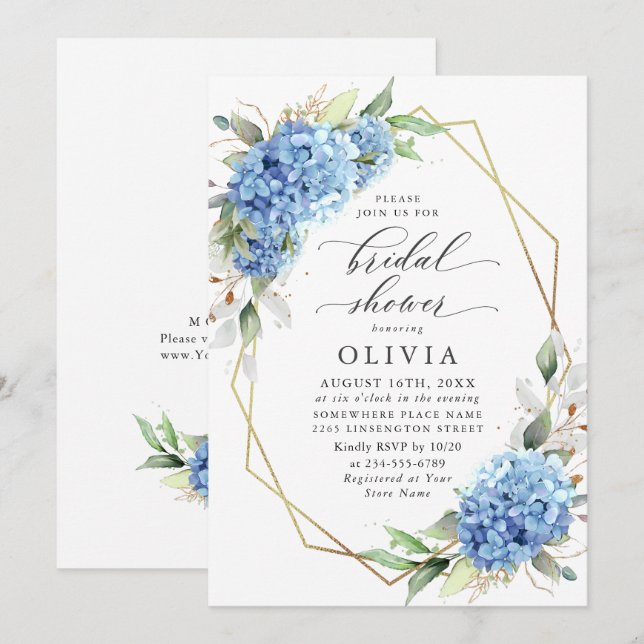 Elegantes Watercolor Blue Hydrangea BRAUTPARTY Einladung (Vorne/Hinten)