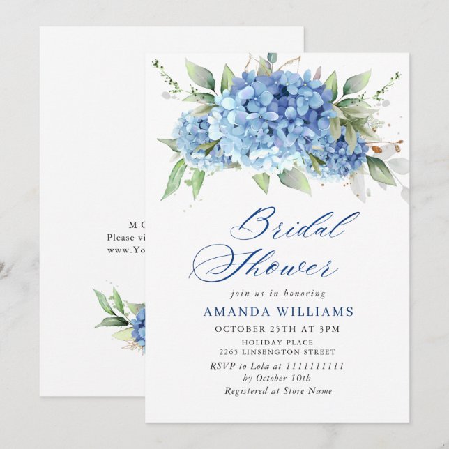 Elegantes Watercolor Blue Hydrangea BRAUTPARTY Einladung (Vorne/Hinten)