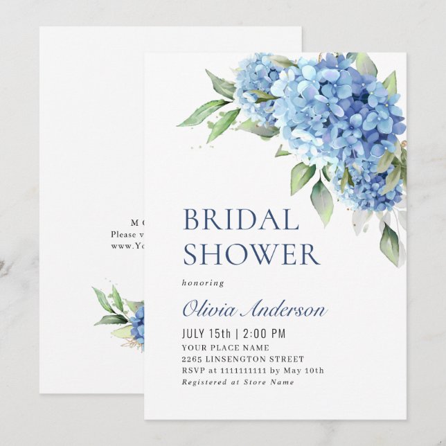 Elegantes Watercolor Blue Hydrangea BRAUTPARTY Einladung (Vorne/Hinten)