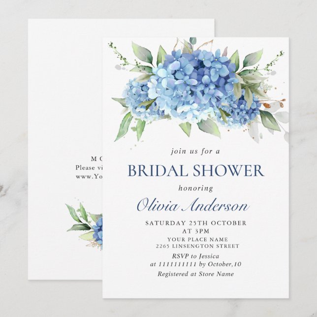 Elegantes Watercolor Blue Hydrangea BRAUTPARTY Einladung (Vorne/Hinten)
