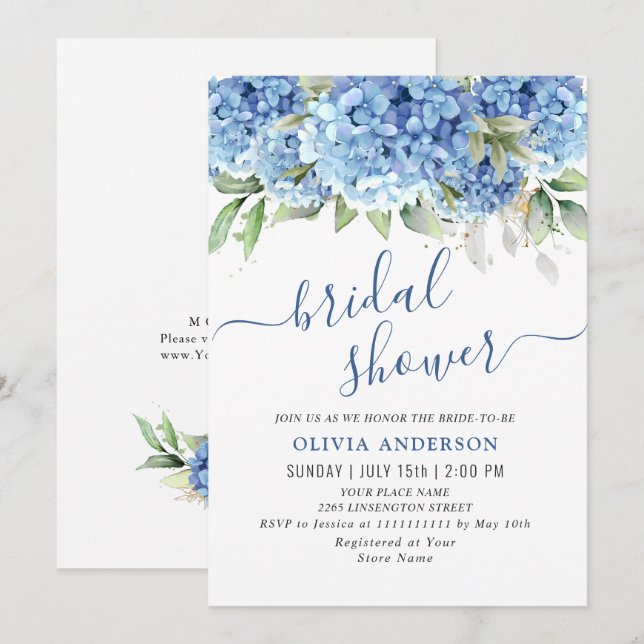 Elegantes Watercolor Blue Hydrangea BRAUTPARTY Einladung (Vorne/Hinten)
