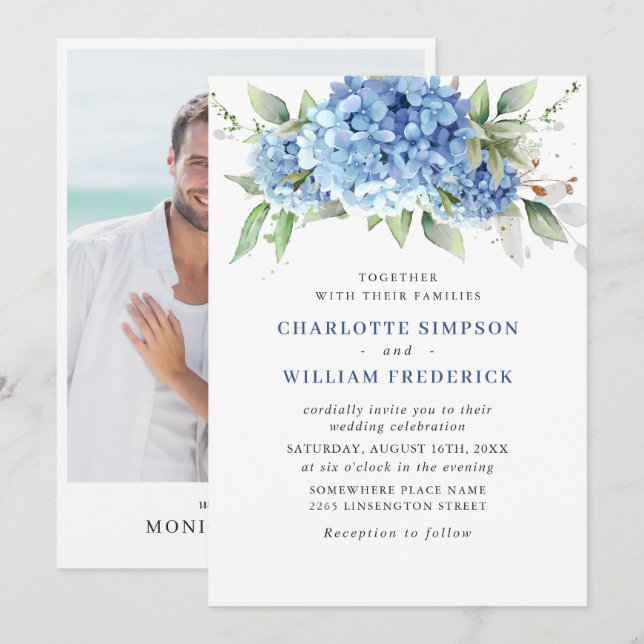 Elegantes Watercolor Blue Hydrangea Foto Hochzeit Einladung (Vorne/Hinten)