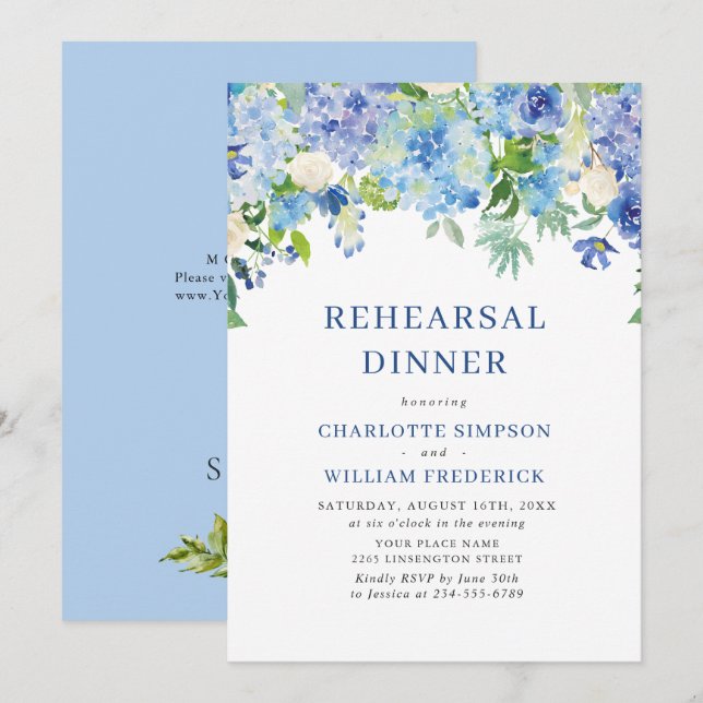 Elegantes Watercolor Blue Hydrangea Probe Abendess Einladung (Vorne/Hinten)