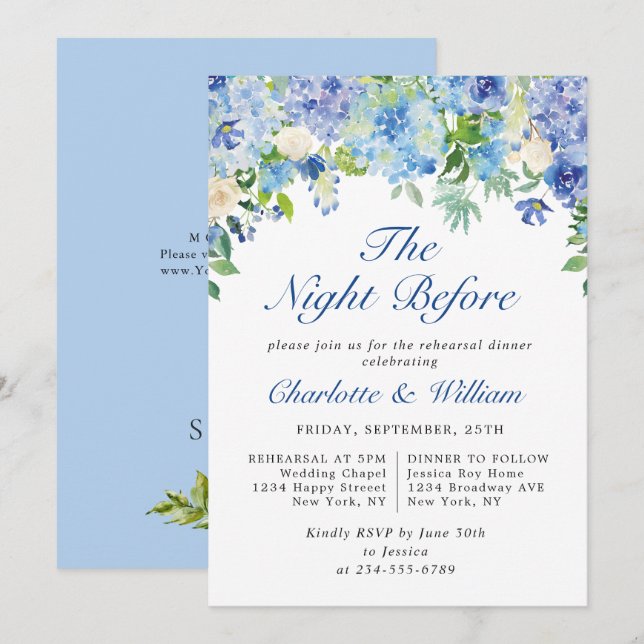 Elegantes Watercolor Blue Hydrangea Probe Abendess Einladung (Vorne/Hinten)