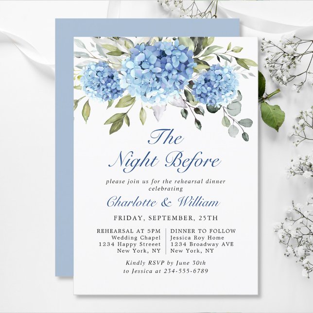 Elegantes Watercolor Blue Hydrangea Probe Abendess Einladung (Von Creator hochgeladen)