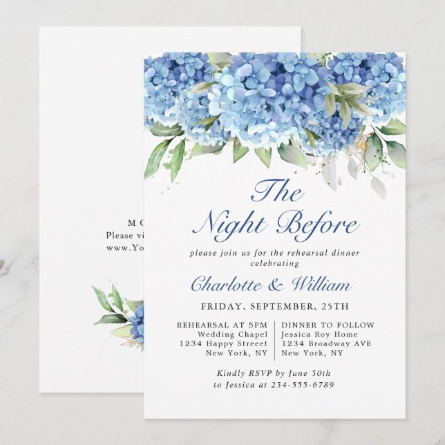 Elegantes Watercolor Blue Hydrangea Probe Abendess Einladung (Vorne/Hinten)