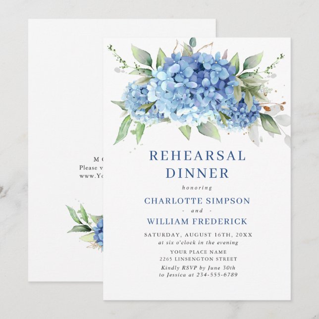 Elegantes Watercolor Blue Hydrangea Probe Abendess Einladung (Vorne/Hinten)