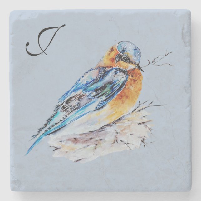 Elegantes Watercolor Bluebird Monogramm Steinuntersetzer (Vorderseite)
