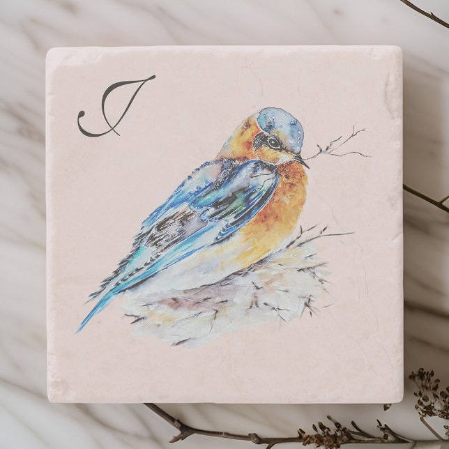 Elegantes Watercolor Bluebird Monogramm Steinuntersetzer (Von Creator hochgeladen)