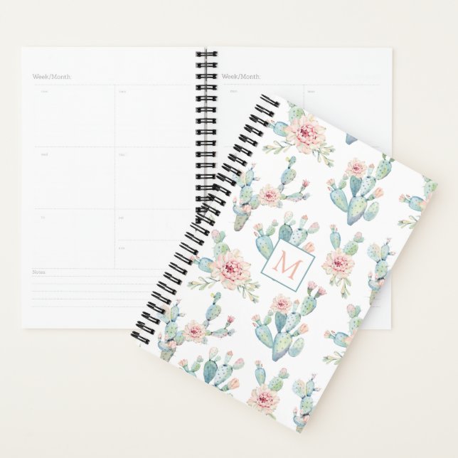 Elegantes Watercolor Boho Cactus Pattern Monogram Planer (Anzeige)
