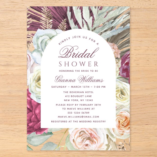 Elegantes Watercolor Boho Floral Brautparty Acryleinladungen (Vorderseite)