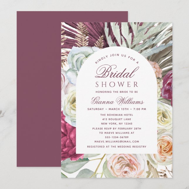 Elegantes Watercolor Boho Floral Brautparty Einladung (Vorne/Hinten)
