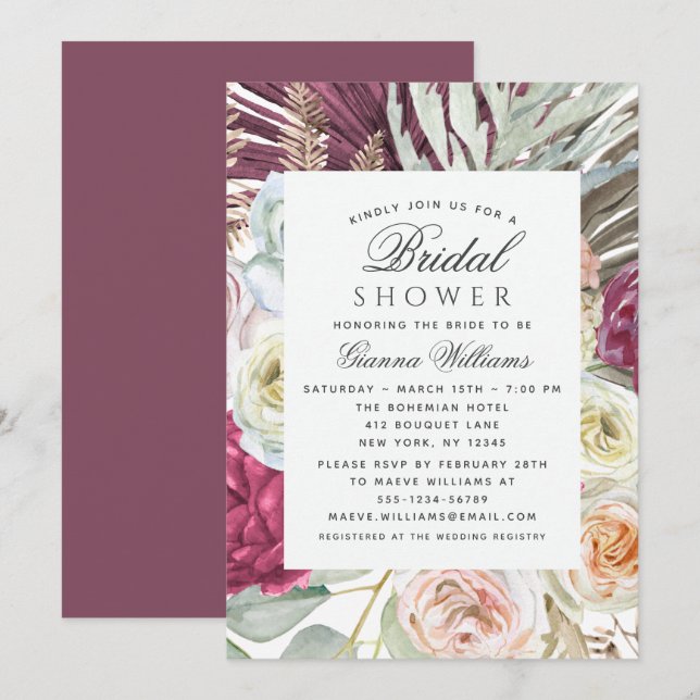 Elegantes Watercolor Boho Floral Brautparty Einladung (Vorne/Hinten)