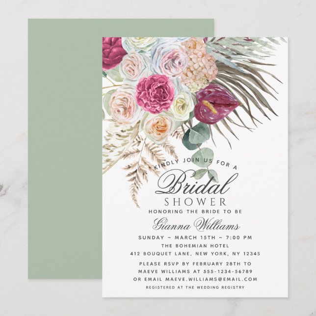 Elegantes Watercolor Boho Floral Brautparty Einladung (Vorne/Hinten)
