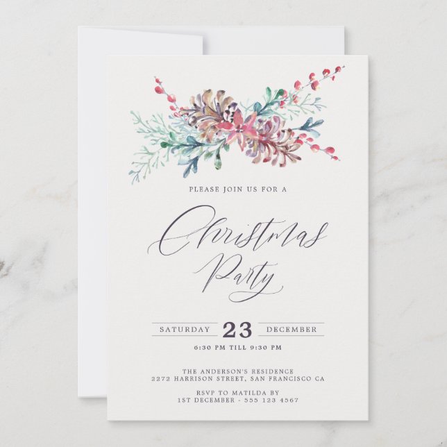 Elegantes Watercolor Botanicals Weihnachts-Party Einladung (Vorderseite)