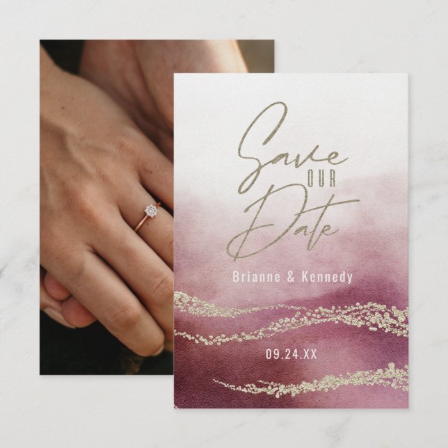 Elegantes Watercolor Burgund & Gold Save the Date (Vorne/Hinten)