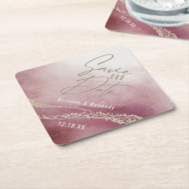 Elegantes Watercolor Burgund & Gold Save the Date Untersetzer (angewinkelt)