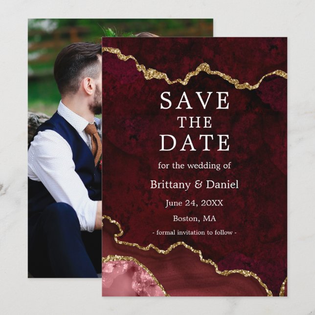 Elegantes Watercolor Burgundy Marble Geode Foto Save The Date (Vorne/Hinten)