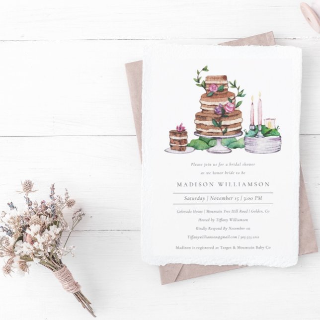 Elegantes Watercolor Cake and Blume Brautparty Einladung (Von Creator hochgeladen)