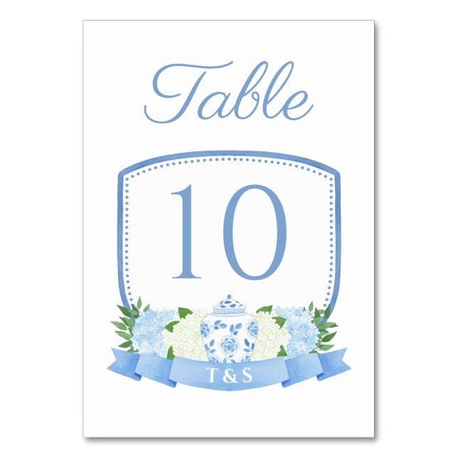 Elegantes Watercolor Chinoiserie Wappen Hochzeit Tischnummer (Vorderseite)