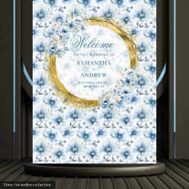 Elegantes Watercolor Dusty Blue Gold Hochzeitsbann Wandteppich