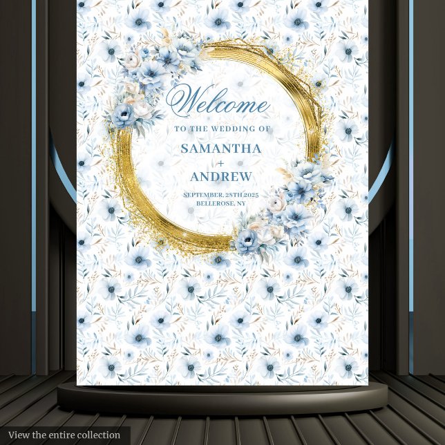 Elegantes Watercolor Dusty Blue Gold Hochzeitsbann Wandteppich (Elegant Watercolor Dusty Blue Gold Wedding Banner Tapestry)