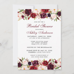 Elegantes Watercolor Floral Burgundy Brautparty W Einladung