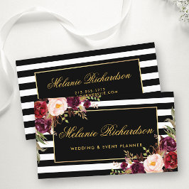 Elegantes Watercolor Floral Gold Schwarz Streifen Visitenkarte
