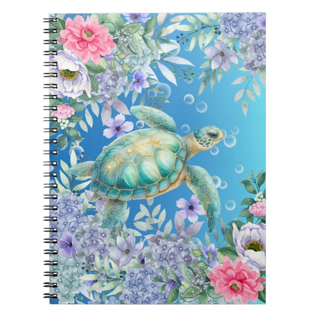 Elegantes Watercolor Floral Sea Turtle Notebook Notizblock (Vorderseite)