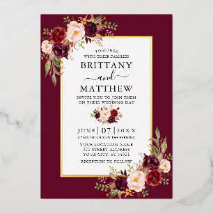 Elegantes Watercolor Floral Wedding Burgundy Gold Folieneinladung