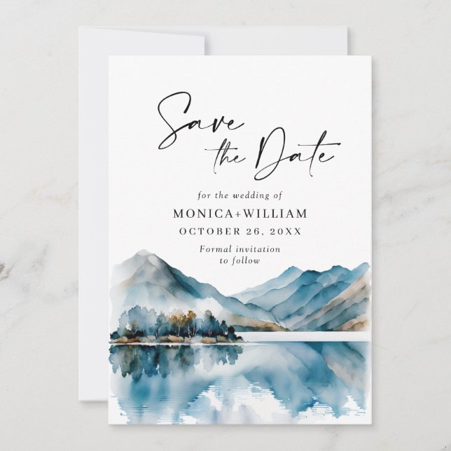 Elegantes Watercolor-Gebirge Wald Hochzeit Foto Save The Date (Vorderseite)