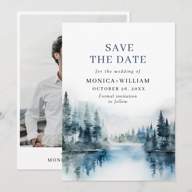 Elegantes Watercolor-Gebirge Wald Hochzeit Foto Save The Date (Vorne/Hinten)
