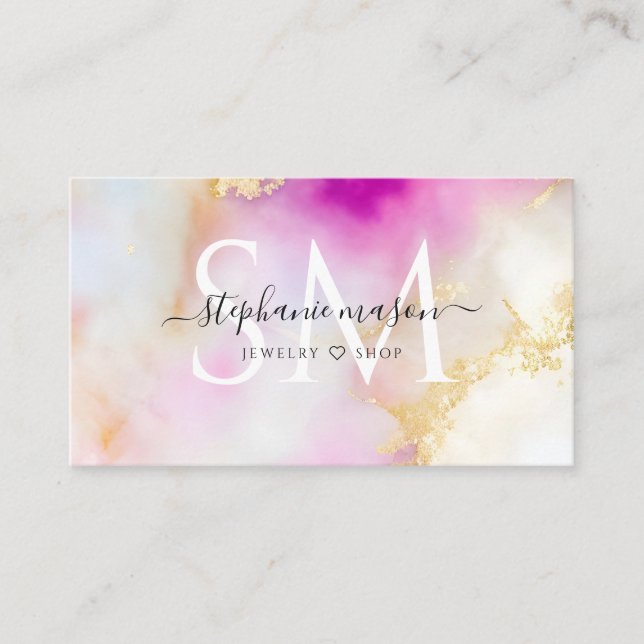 Elegantes Watercolor Gold Blush Pink Monogramm Telefonnummerkarte (Vorderseite)