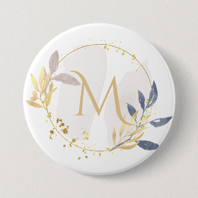 Elegantes Watercolor Gold Wreath Monogramm Button (Vorderseite)