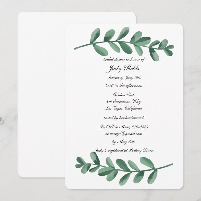 Elegantes Watercolor Green Blätter Brautparty Einladung (Vorne/Hinten)