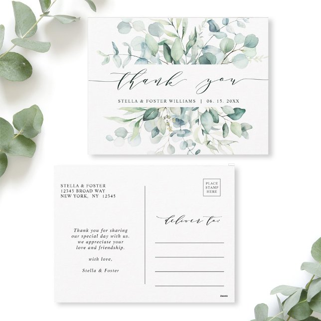 Elegantes Watercolor Green Foliage Vielen Dank Postkarte (Front & Back)