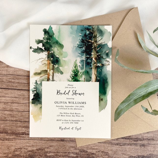 Elegantes Watercolor Green Forest Brautparty Einladung (Von Creator hochgeladen)