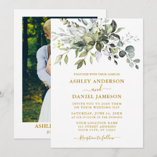 Elegantes Watercolor Greenerity Foto Wedding Gold Einladung