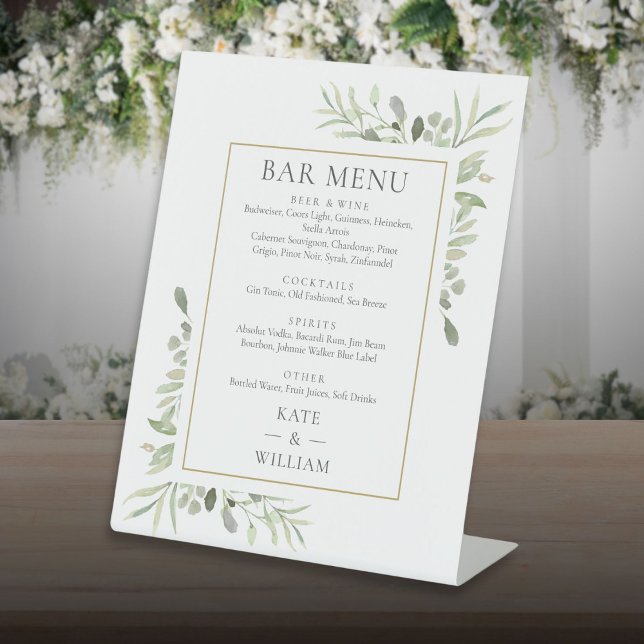 Elegantes Watercolor Greenerity Wedding Bar Menu Sockelschild (Elegant Watercolor Greenery Wedding Bar Menu Pedestal Sign)