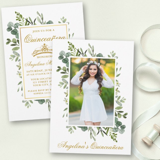 Elegantes Watercolor Grüne Foto Quinceanera Einladung (Customize to change text style or text size.)