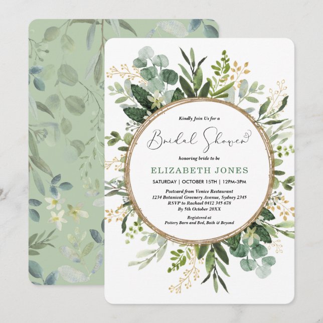Elegantes Watercolor Grüne & Goldenes Brautparty Einladung (Vorne/Hinten)