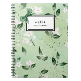 Elegantes Watercolor Grüne Weiße Blume Muster Notizblock