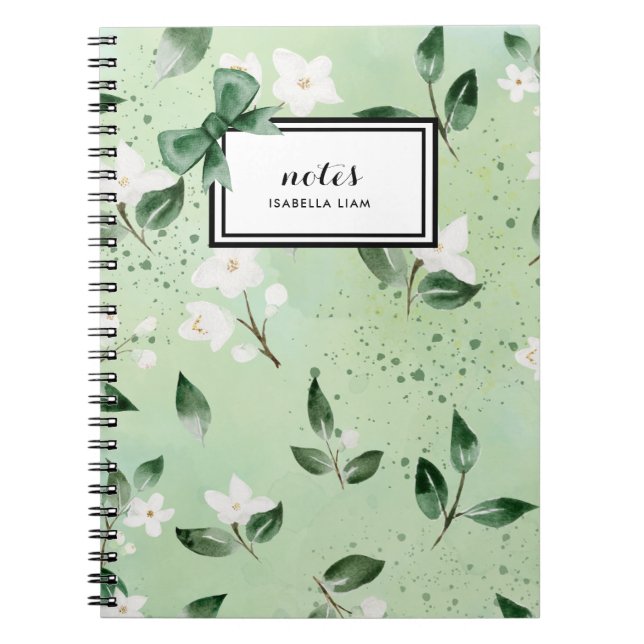 Elegantes Watercolor Grüne Weiße Blume Muster Notizblock (Vorderseite)